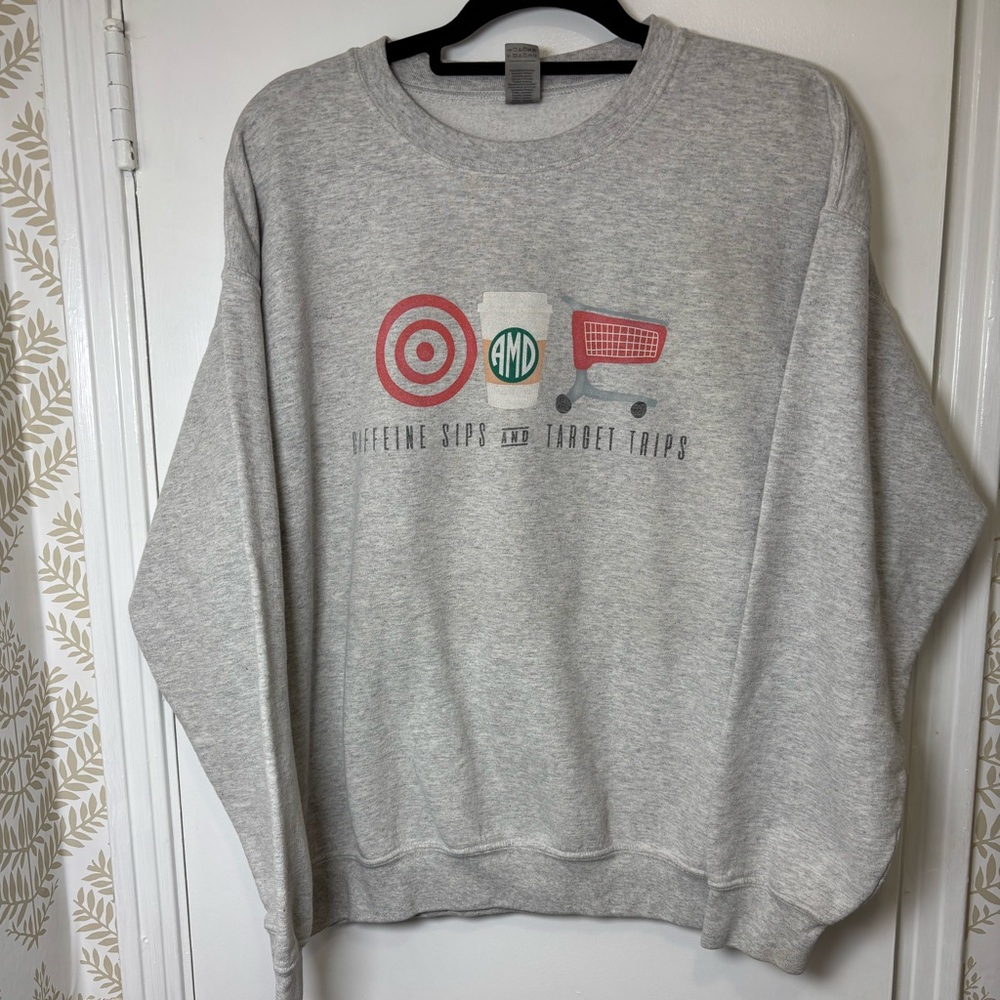 Women’s Gray Crewneck Sweater “Caffeine Sips and Target Trips” Size Large